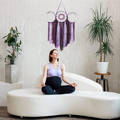 ANROYE Purple Triple Moon Goddess Macrame Wall Hanging, Boho Wiccan Crescent Dream Catcher, Bohemian Dreamcatcher for Women,Woven Pagan Tapestry Decor for Bedroom Witch Decoration - color: Mystic Purple