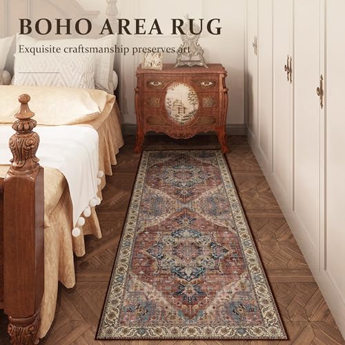 Deerly Vintage Runner Rug 2x6 Hallway Runners Boho Non-Slip Entryway Throw Rug Faux Wool Non-Slip Washable Low-Pile Floor Carpet for Indoor Front Entrance Kitchen Bathroom, Brickred/Multi - color: Brickred & Multi, size: 2' x 6' (Runner)