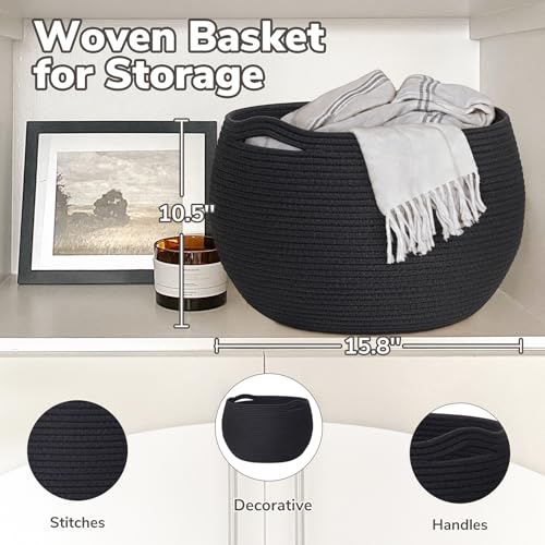 Goodpick Large Toy Storage for Kids, Black Baby Basket for Baby Shower, Decorative Woven Rope Basket for Nursery Living Room, 15.7"D x 10.5"H - color: Black, size: 15.7"D x 10.5"H