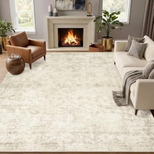 9x12 Area Rugs for Living Room, Machine Washable Rugs, Vintage Non Slip Rug, Faded Style Carpet Stain Resistant, Low Pile Boho Retro Large Rugs for Bedroom Dining Room Indoor Home Office-Beige 9'x12' - color: Beige, size: 9' x 12' (Rectangular)