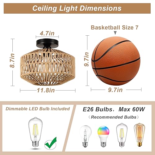 Boho Light Fixtures Ceiling Mount,Mini Rattan Chandelier Light Fixture with Dimmable LED Bulb,Hand Woven Ceiling Light Fixtures Flush Mount for Hallway Bedroom Kitchen Entryway Living Room - color: B-brown