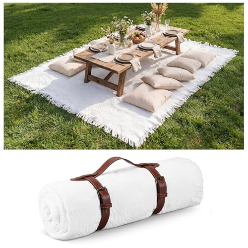 Frienda 72 x 92 Inch Large White Outdoor Picnic Blanket Woven Cotton Yarn Blanket with Fringe and Leather Storage Strap Boho Decor Camping Lawn Wedding Photoshoot Beach Park Grass - color: White, size: 72 x 92 Inch