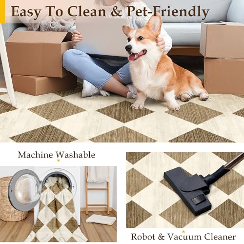 PureCozy 2x6 Runner Checkered Rug for Hallways Brown Washable Long Carpet Non-Slip Low Pile Boho Indoor Accent Throw Rug for Entrance Kitchen Bedroom Dining Laundry - color: Checkered Coffee, size: 2' x 6' (Runner)
