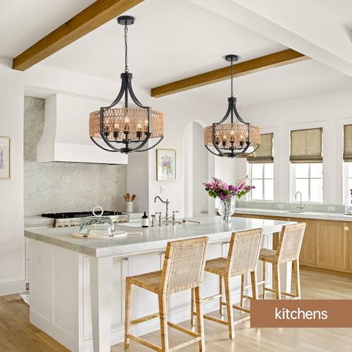 20" Rattan Farmhouse Chandelier Light Fixtures,5-Light Rustic Rattan Pendant Lighting with Woven Wicker Shade Boho Black Hanging Ceiling Light for Dining Room Living Room Kitchen Island Bedroom - color: V-Weave Round Rattan, size: 5 light 20 inches