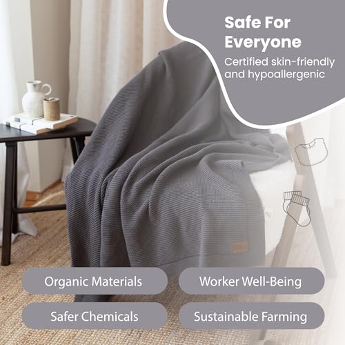 Dalisa 100% Organic Turkish Cotton Throw Blanket - GOTS Certified, Cozy - Perfect for Couch, Bed, and Home Decor - Boho Vintage Knit Alina (Dark Grey, 50x60) - color: Dark Grey, size: 50x60
