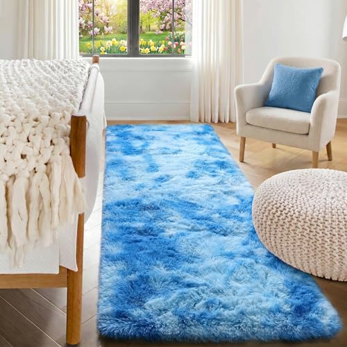 ONASAR Runner Rugs for Bedroom Living Room, Fluffy Tie-Dyed Blue 2x6 Bedside Hallway Area Rug, Ultra Soft Plush Furry Faux Fur Non Slip Floor Carpet for Nursery Kids Dorm Closet Home Decor - color: Sky Blue, size: 2' x 6' (Runner)