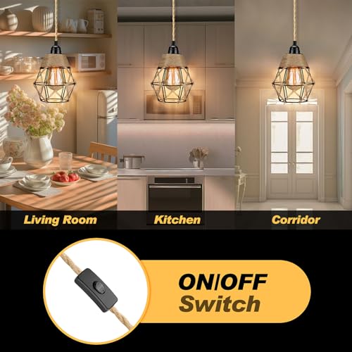 Plug in Pendant Light, Industrial Hanging Light with Plug in Cord, Hemp Rope On/Off Switch Farmhouse Pendant Light, Hanging Lamps for Dining Room - color: Beige