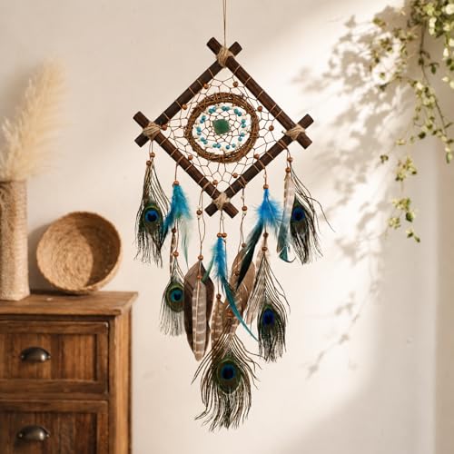 Rattan Dream Catchers with Peacock Feather, Boho Wall Decor Rustic Wooden Native American Wall Art for Bedroom Living Room (Blue Peacock) - color: Blue Peacock