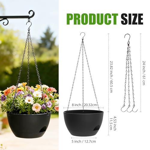 8 Inch Hanging Planters for Indoor Outdoor Plants, 4 Pack Black Plastic Self Watering Hanging Baskets with Drainage Holes and Chain for Garden Porch - color: Black