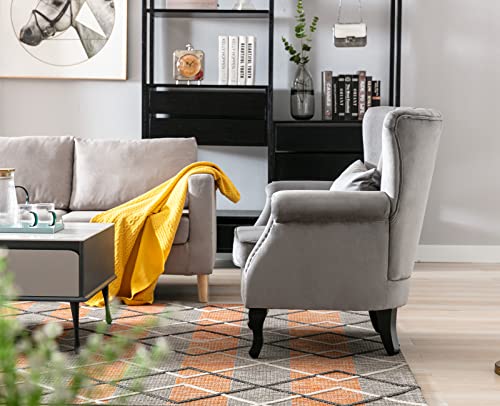 Kmax Grey Accent Chair Velvet Wingback Chair with Pillow Nail-Head Channel Tufted Oversized Club Chair for Living Room Bedroom Guest Room - color: Grey