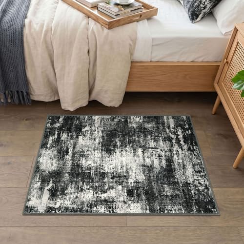 Lansny Abstract Small Area Rug 2x3 Entryway Rugs Washable Door Mat Entrance, Non Slip Kitchen Rugs, Rubber Backed Throw Rug Printed Faux Wool Floor Carpet for Front Door Foyer Entry Sink, Black Grey - color: Charcoal Black / Grey / Ivory, size: 2' x 3' (R