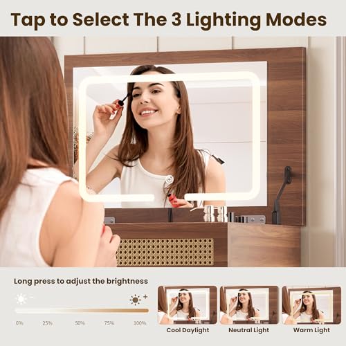 47" Rattan Vanity Table with Mirror and Lights, Brown Makeup Vanity with Storage & 5 Drawers, Boho Vanitys Desk with Shelves for Bedroom, 3 Lighting Modes, Adjustable Brightness (Brown) - color: Brown