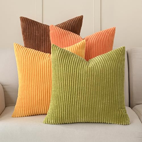 Volcanics Set of 4 Fall Orange Corduroy Decorative Throw Pillow Covers 18x18 Inch, Modern Yellow Green Gradient Couch Pillow Covers, Rustic Western Striped Cushion Covers for Bed Sofa Living Room - color: Yellow Orange, size: 18" x 18" (Pack of 4)