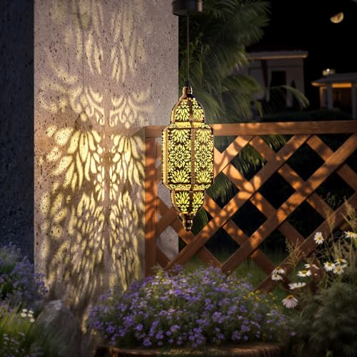 Twinkya Hanging Solar Lights Outdoor Garden Decorative Solar Lantern Waterproof Metal Moroccan Outdoor Decorations for Patio Pathway Yard Porch Backyard Garden Decor (Gold, 1 Pack) - color: Gold, size: 1pack