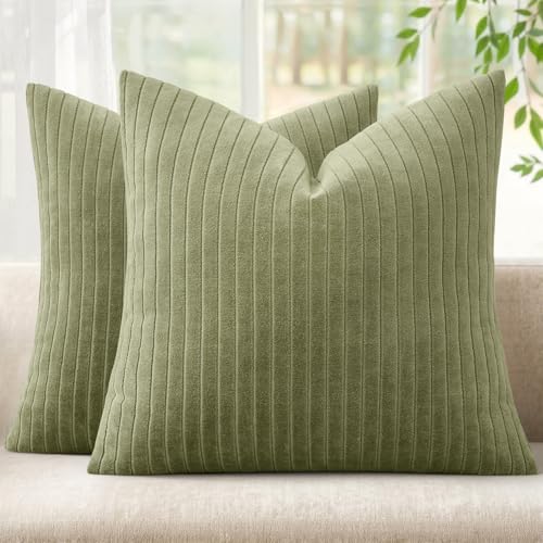 MIULEE Set of 2 Sage Green Decorative Throw Pillow Covers 18x18 Inch, Thick Soft Textured Striped Cushion Covers, Modern Solid Color Farmhouse Boho Pillow Case for Sofa Couch Bed Living Room - color: Sage Green, size: 18" x 18" (Pack of 2)