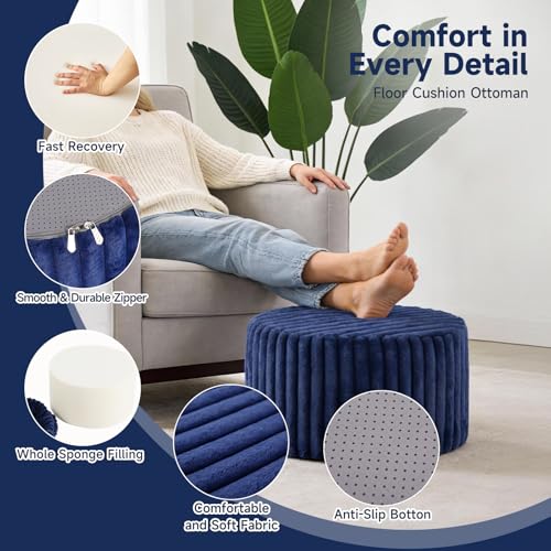 Tiita Round Stuffed Pouf Ottoman, Stripe Faux Fur Poufs with Foam Chunk Filling, Furry and Fluffy Pouf 21×21×12 inch Foot Stool Storage Ottoman,Puff Office Foot Rest for Couch Living Room, Navy Blue - color: Striped Round Navy Blue