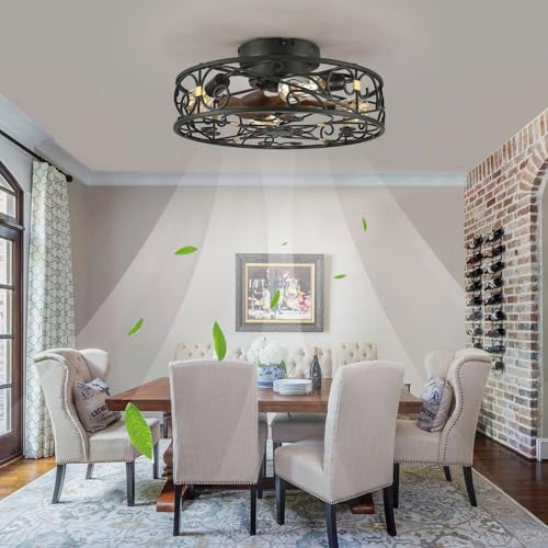 20" Caged Ceiling Fans with Lights and Remote, Bladeless Ceiling Fan 6 Speed Reversible with 4 Bulbs and Remote Control,Flush Mount Caged Ceiling Fan for Bedroom, Living Room, (Include Bulbs) - color: Black (with light bulb)