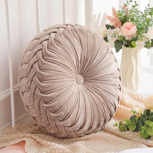 Drydiet 1 Pcs Round Throw Velvet Pillows Decorative Pleated Throw Pillows Diameter Accent Pumpkin Boho Chair Cushion for Couch Sofa Home Decoration (Greige,15'') - color: Greige, size: 15''