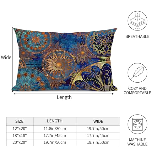 Boho Floral Lumbar Pillow Covers 12 x 20 Set of 2 Bohemian Ethnic Style Linen Throw Pillow Cover Mandala Pattern Vintage Blue Decorative Pillowcases for Living Room Couch Bed Sofa Outdoor - color: Boho, size: 20" x 12" (Pack of 2)