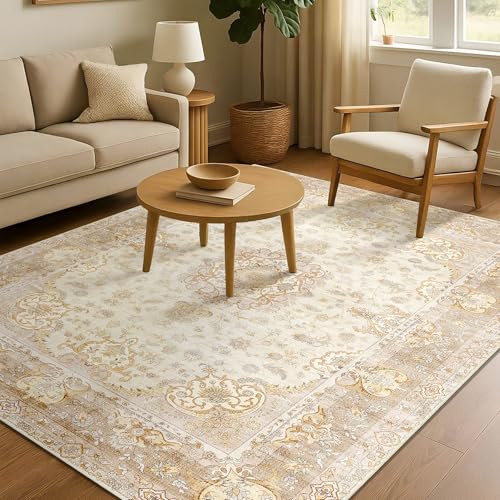 Boho Rug 4'x6.5',Washable Area Rugs for Bedroom Living Room Kitchen Entryway Bedside,Small Vintage Bohemian Distressed Non Slip Carpet,Beige Gold Floral - color: Beige, size: 4'x6.5'