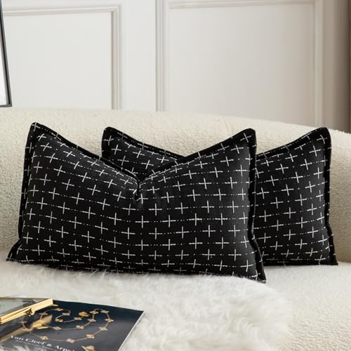 MANDIOO Pack of 2 Burlap Linen Throw Pillow Covers Woven Textured Modern Farmhouse Cushion Covers Pillowcase Decorative Couch Sofa Bed Living Room 12 x 20 Inch Black - color: Black, size: 20" x 12" (Pack of 2)