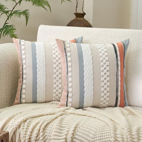 Aeckself Boho Throw Pillow Covers 18x18 Inch Set of 2, Farmhouse Decorative Striped Square Pillow Covers Chenille Tufted Pillow Cases Accent Neutral Pillowcase for Living Room Couch Bed, Orange Blue - color: Orange Blue
