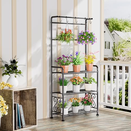 Plant Stand Indoor Outdoor Heavy Duty Metal - 56.4" Tall 3-Tier Shelf for Multiple Plants, Flowers, Rustproof Black Storage Rack for Patio, Balcony, Living Room, Garden, Includes Hooks&Adjustable Feet - size: A-3Tier-2Hanger