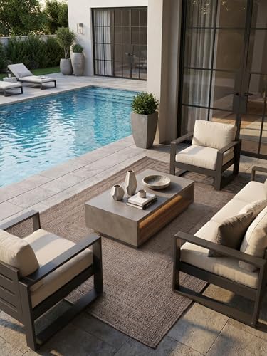 Berry Easy Jute Indoor Outdoor Rug, 8x10 Neutral Bordered Jute Look, Weather Resistant, Easy Care, Lightweight Outdoor Farmhouse Carpet for Patio, Porch, Living Room (8' x 10', Brown) - color: 2004 - Brown, size: 8' x 10' (Rectangular)