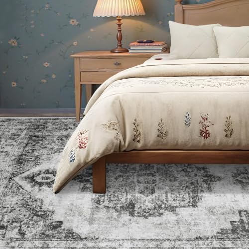 Area Rug 6x9 Vintage Rugs: Washable Indoor Medallion Rug Low Pile Distressed Floor Carpet Retro Accent Rugs for Living Room Bedroom Kitchen Dining Table Home Office(Black, 6'x9') - color: Black, size: 6' x 9' (Rectangular)