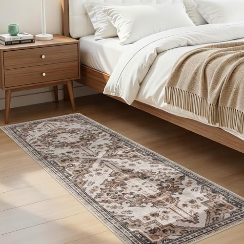 Joydeco Washable 2x5 Hallway Runner Rug Vintage, Blue Grey&Light Coffee | Water Resistant Low Pile Non Slip Backing for Kitchen Entryway Bedroom Bathroom Dining Room - color: Light Coffee, size: 2' x 5' (Rectangular)