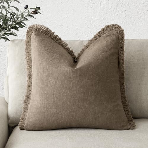 Foindtower Decorative Linen Fringe Throw Pillow Covers Cozy Boho Farmhouse Cushion Cover with Tassels Soft Accent Pillowcase for Chair Sofa Bed Living Room Home Decor, 16×16 Inch, 1PC, Light Brown - color: Cocoa Brown, size: 16" x 16" (Pack of 1)