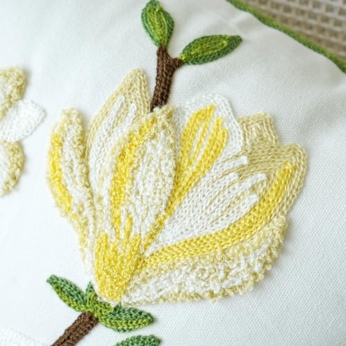 vctops Farmhouse Magnolia Flower Cotton Tufted Throw Pillow Cover Spring Floral Embroidery Pillowcase Soft Square Cushion Case for Sofa Couch Bed Chair (Yellow E,18"x18") - color: Yellow E