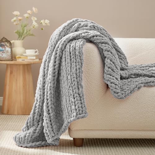 Amélie Home Chunky Knit Throw Blanket for Couch, Soft Chenille Handmade Crochet Throw Rope Knot Blanket for Couch, 50"x60", Light Grey - color: Light Grey, size: 50"x60"