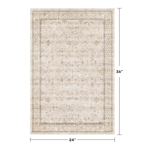 Farmhouse Bathroom Rug 2x3 Beige, Machine Washable Small Non Slip Indoor Entryway Area Rug, Low Pile Thin Neutral Vintage Design for Bedside, Kitchen - color: Light Sand Beige, size: 2' x 3' (Rectangular)