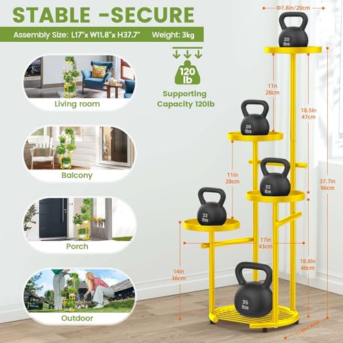 TOSKING 5-Tier Metal Plant Stand, Anti-Tip Round Base for Pots, Child & Pet Friendly, Space Saving Corner Shelf Flower Pot for Indoor Outdoor Use, Living Room Balcony Garden Patio Bedroom (Yellow, 38in) - color: Yellow, size: 5tier Rd Base