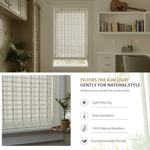 LazBlinds Cordless Bamboo Blinds, Light Filtering Hanging Window Shades, Whitewash Bamboo Roll Up Shades for Indoor/Outdoor Windows - color: Whitewash B, size: Custom Size