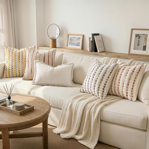 ANRODUO Boho Chenille Textured Tufted Pillow Covers 20x20 Inch Set of 2 Woven Decorative Throw Pillow Covers with Raised Stripes Accent Neutral Pillowcase for Couch Sofa Bed Living Room, Yellow Cream - color: Yellow Cream, size: 20" x 20" (Pack of 2)