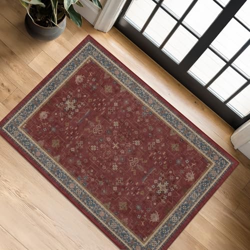 Burgundy 2x3 Washable Rugs for Entryway Indoor, Boho Kitchen Rug for Floor, Bathroom, Doormat Indoor Entrance, Waterproof Non Slip Low Pile Stain & Fade Resistant, Modern Eclectic Floral Decor - color: Burgundy, size: 2' x 3' (Rectangular)