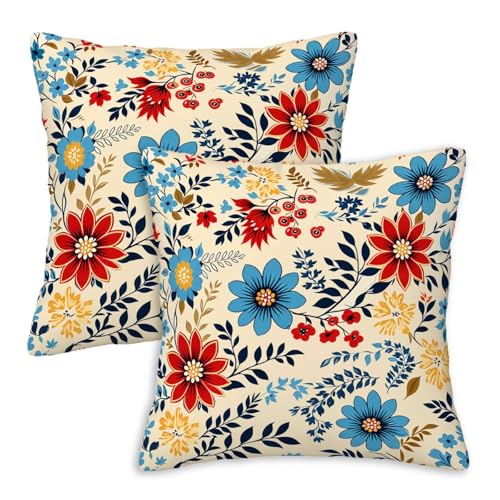 Firmiso Vintage Floral Throw Pillow Covers 18x18 Set of 2 | Flower Decorative Cushion Covers for Couch Sofa Bed | Classic Cottage Style Home Decor Pillow Cases | Beige Blue Red Yellow Accent - color: Boho Floral