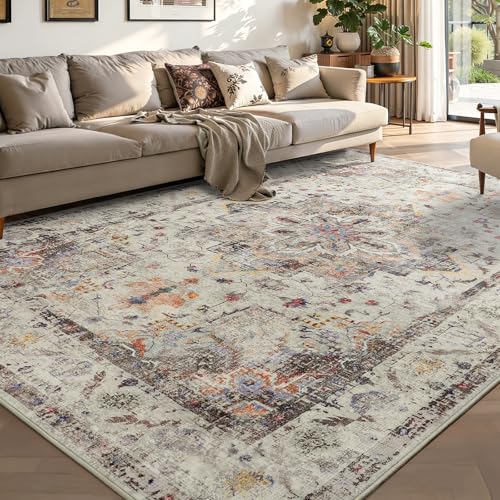YOH Boho Washable Rug 4x6, Vintage Multi Non Slip Area Rug, Distressed Indoor Carpet for Living Room Bedroom Kitchen Office - color: Vintage Multi, size: 4' x 6' (Rectangular)