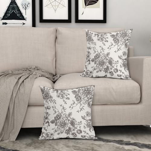 Vintage Floral Pillow Covers 18x18 Inch Set of 2 Black Brown and Cream Floral Throw Pillow Covers Chinoiserie Flower Pillowcases Rustic Farmhouse Cotton Linen Cushion Covers for Couch Bed Sofa Decor - color: Black Brown, size: 18" x 18" (Pack of 2)