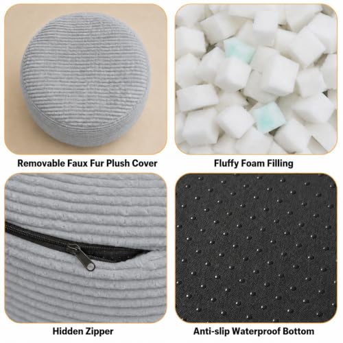 Round Stuffed Pouf Ottoman, Foot Stool Ottoman ,Corduroy Poufs with Foam Chunk Filling, Furry and Fluffy Storage Ottomans, 20 X 15 Floor Poufs Foot Rest for Living Room - color: Grey, size: 20"D x 20"W x 15"H