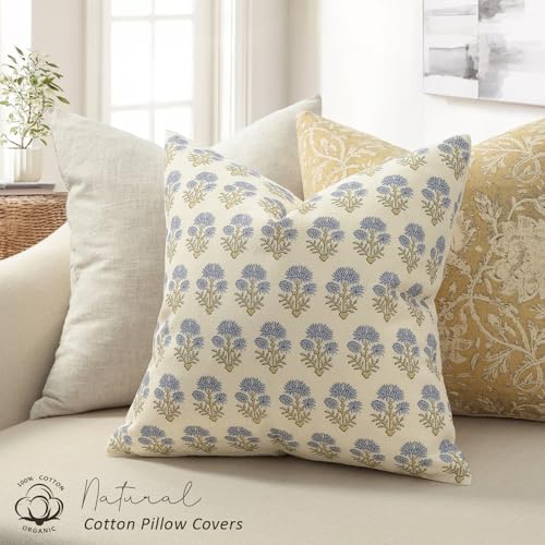 Farmhouse Floral Pillow Covers 22x22 Set of 2, Country Botanical Throw Pillow Cover for Sofa Couch Bed Living Room, Rustic Vintage Flower Cushion Covers Cottage Home Decor,Blue Mustard - color: Blue Mustard, size: 22" x 22" (Pack of 2)