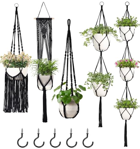 Mkono Macrame Plant Hangers, 5 Pack Different Tiers Indoor Hanging Planters Basket with 5 Hooks Decorative Flower Pots Holder Stand Boho Home Decor, Black - color: Black