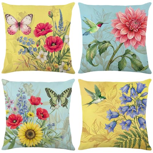 wyooxoo Spring Summer Pillow Covers 18x18 Set of 4 Decorative Throw Pillow Covers Linen Flower Butterfly Farmhouse Pillowcases for Sofa Couch Living Room Outdoor - color: Color B, size: 18" x 18" (Pack of 4)