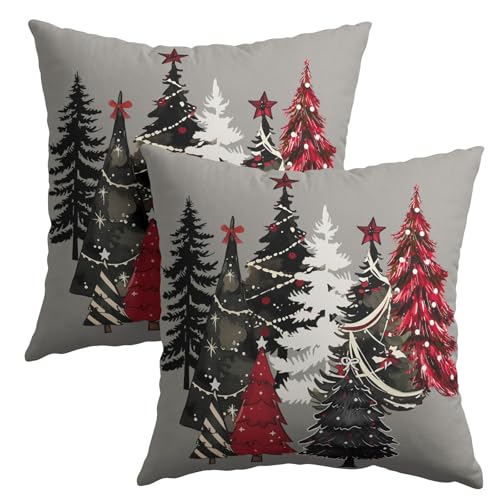 Christmas Tree Red Star Pillow Covers 16x16 Inches Red Green Xmas Tree Grey Throw Pillow Case Set of 2 Christmas Decorative Pillow Cover Cotton Linen Cushion Cover for Home Couch Sofa Livingroom - color: Grey Christmas Tree, size: 16" x 16" (Pack of 2)