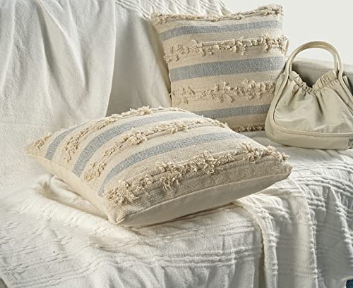 GRUHUM Handmade Boho Throw Pillow Covers Bohemian Chic Farmhouse Style, Accent Woven Indoor & Outdoor Pillow Cushion Cases for Couch, Bed, Chair, Sofa, Bench, Home Decor – Set of 2, 18"x18" - Cream