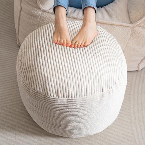HIGOGOGO Round Stuffed Pouf Ottoman, Corduroy Poufs with Foam Chunk Filling, Furry and Fluffy Pouf Foot Stool Storage Ottoman, 20 X 15 Floor Poufs Foot Rest for Living Room, Beige - color: Beige, size: 20"D x 20"W x 15"H