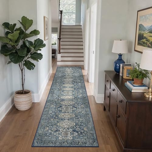 Bavni Washable Runners for Hallways 2X10, Ultra-Thin Non Slip Long Runner Rug, Print Vintage Aesthetic Carpet Runner, Low Pile Rugs for Kitchen Porch Bedroom, Blue - color: Blue, size: 2' x 10' (Rectangular)