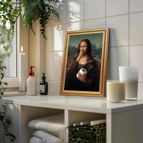 ICHZUMW Gold Framed Funny Mona Lisa Toilet Paper Canvas Wall Art, Quirky Humorous Parody Painting Wall Decor, Ready to Hang for Bathroom Restroom Powder Room, 12x16in - color: Funny Mona Lisa, size: 16"L x 12"W